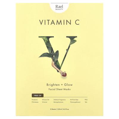 Rael, فيتامين C، أقنعة ورقية لجمال الوجه لتفتيح + توهج، 5 أقنعة، 0.84 أونصة سائلة (25 مل) لكل واحدة