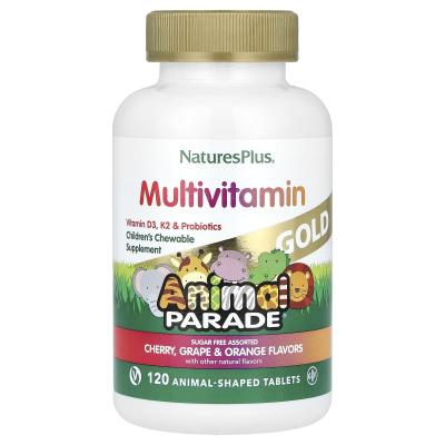 NaturesPlus, Animal Parade Gold®، مكمل فيتامينات متعدد قابل للمضغ للأطفال، الكرز والعنب والبرتقال، 120 قرصًا على شكل حيوانات