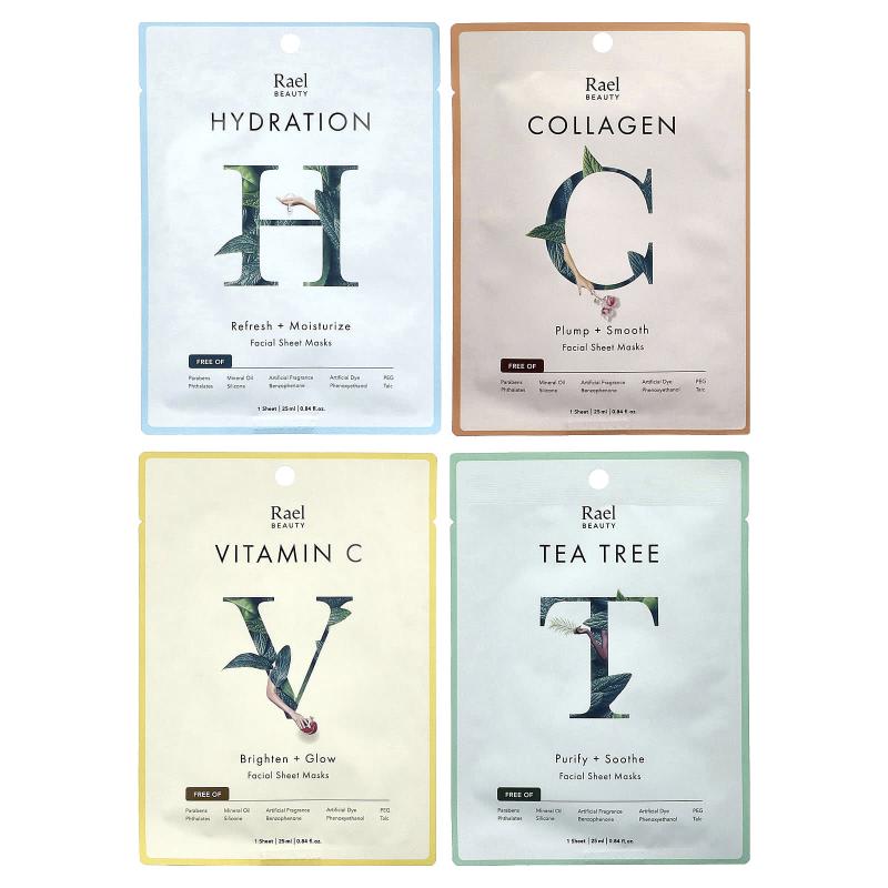 Rael, Cycle Synced Beauty Mask Set, 4 Sheets, 0.84 fl oz (25 ml) Each