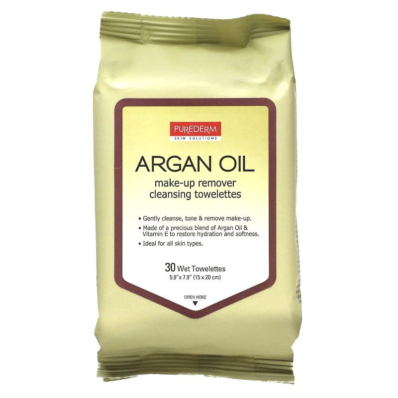 Purederm, مناديل تنظيف مزيلة للمكياج، زيت الأرغان، 30 منشفة مبللة
