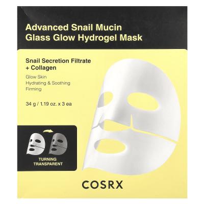 CosRx, قناع التجميل المتطور Snail Mucin Glass Glow Hydrogel Beauty، 3 ورقات، 1.19 أونصة (34 جم)