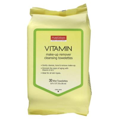 Purederm, مناديل تنظيف مزيلة للمكياج، فيتامين، 30 منشفة مبللة