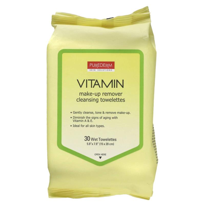 Purederm, مناديل تنظيف مزيلة للمكياج، فيتامين، 30 منشفة مبللة