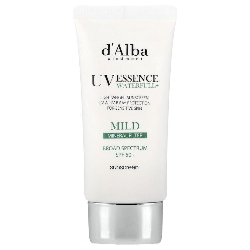 d'Alba, UV Essence Waterfull+ واقي الشمس، فلتر معدني، خفيف، عامل حماية من الشمس 50، 1.69 أونصة سائلة (50 مل)