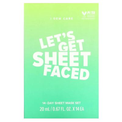 I Dew Care, Let's Get Sheet Faced، مجموعة أقنعة تجميل ورقية تكفي لمدة 14 يومًا، 14 ورقة، 0.67 أونصة سائلة (20 مل) لكل واحدة
