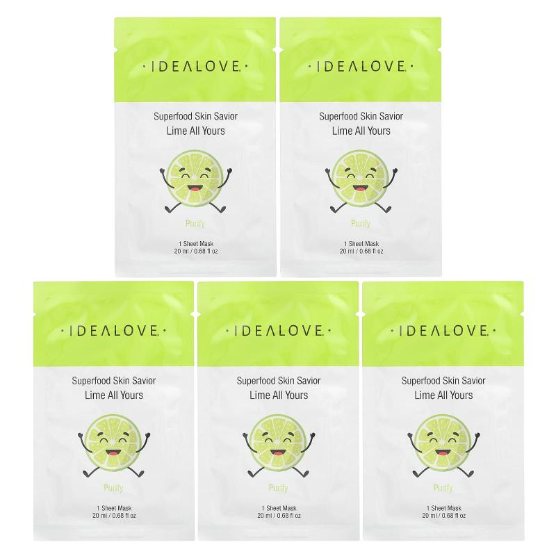 Idealove, Superfood Skin Savior، Lime All Yours، 5 أقنعة ورقية للتجميل، 0.68 أونصة سائلة (20 مل) لكل واحدة