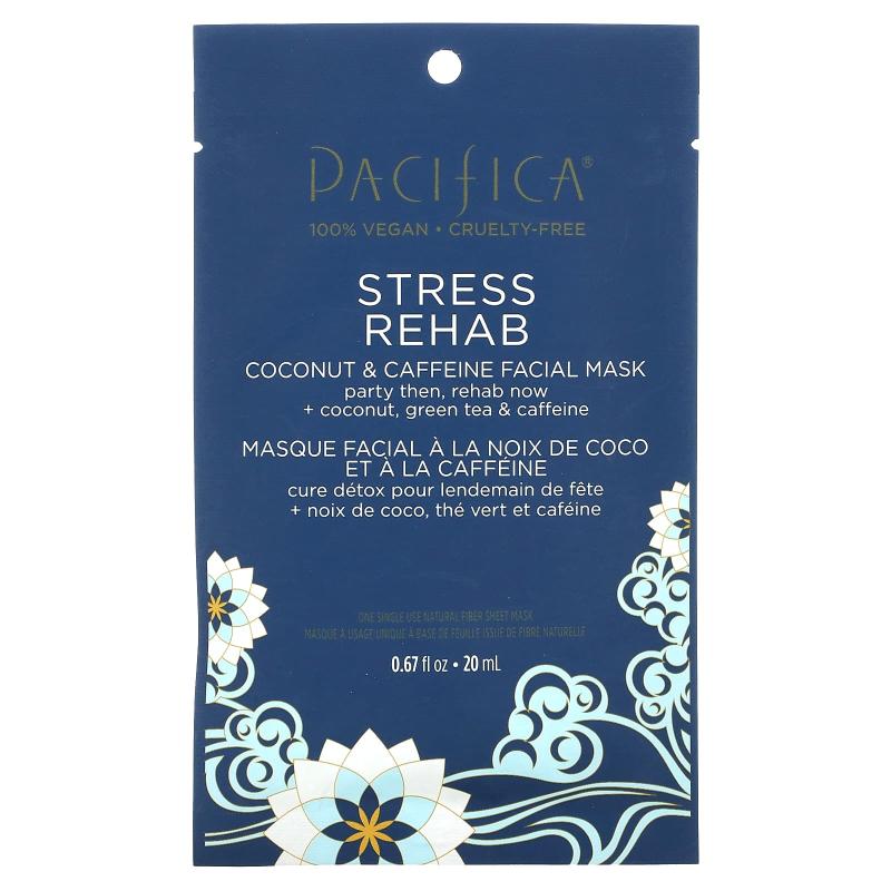 Pacifica, Stress Rehab، قناع تجميل الوجه بجوز الهند والكافيين، قناع ورقي واحد، 0.67 أونصة سائلة (20 مل)