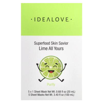 Idealove, Superfood Skin Savior، Lime All Yours، 5 أقنعة ورقية للتجميل، 0.68 أونصة سائلة (20 مل) لكل واحدة