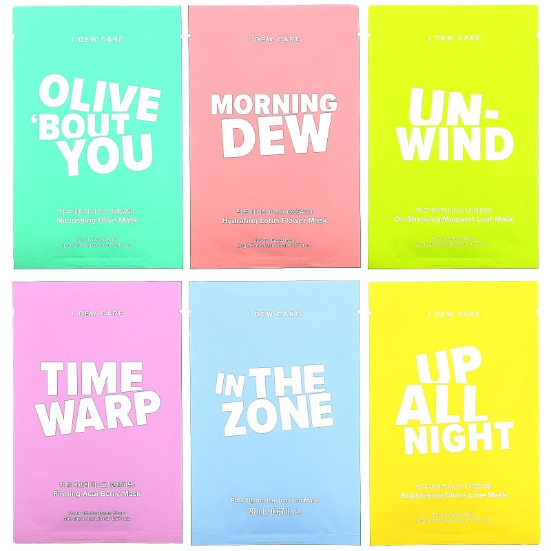 I Dew Care, Let's Get Sheet Faced، مجموعة أقنعة تجميل ورقية تكفي لمدة 14 يومًا، 14 ورقة، 0.67 أونصة سائلة (20 مل) لكل واحدة