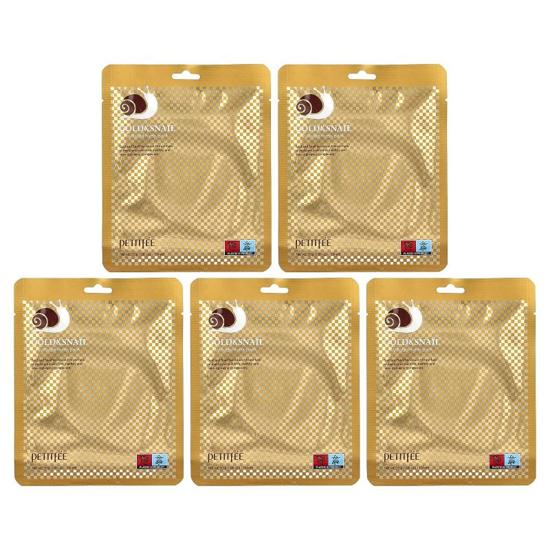 Petitfee, مجموعة أقنعة التجميل بالذهب والحلزون هيدروجيل، 5 ورقات، 1.05 أونصة (30 جم) لكل واحدة